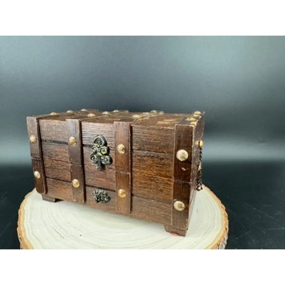 Vintage Wood Treasure Chest Jewelry Box Red Velvet Tray Pirate Gothic 7.25